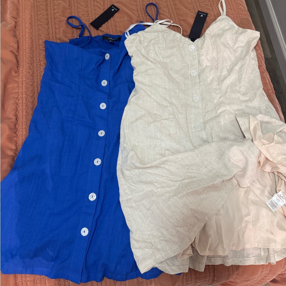 Lulu's Beige and Blue Rayon and Linen Blend Dress